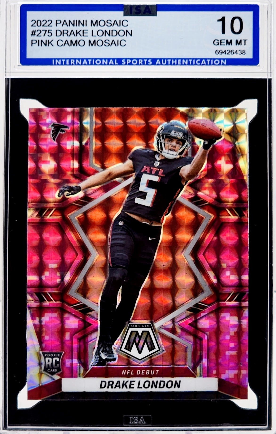2022 Panini Mosaic Pink Camo Mosaic Drake London Rookie #275 ISA 10 GEM Mint - walk-of-famesports