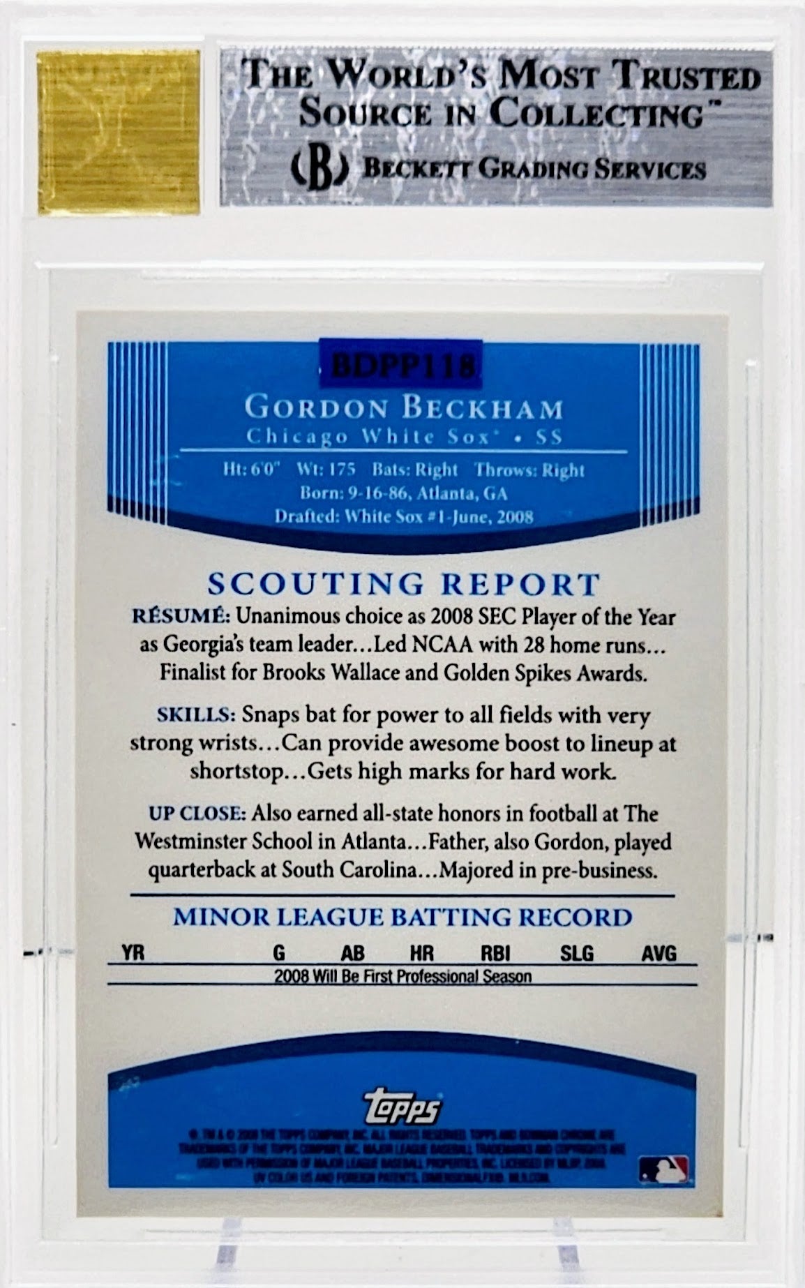 2008 Bowman Draft Prospects Chrome Gordon Beckham #BDPP118 BGS 9 on card/10 on auto GEM MINT Auto - walk-of-famesports