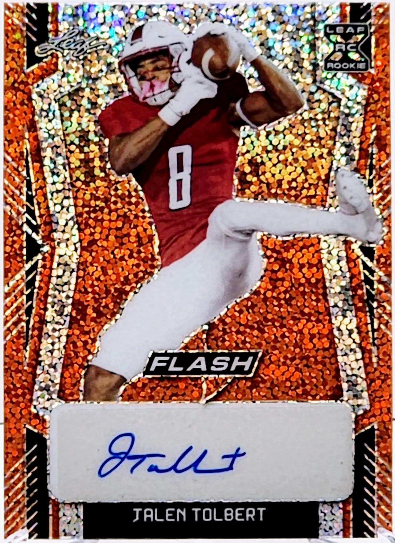 2022 Leaf Flash Jalen Tolbert Auto 1/6 RC Dallas Cowboys SP Orange Sparkles #BA-JT1 - walk-of-famesports