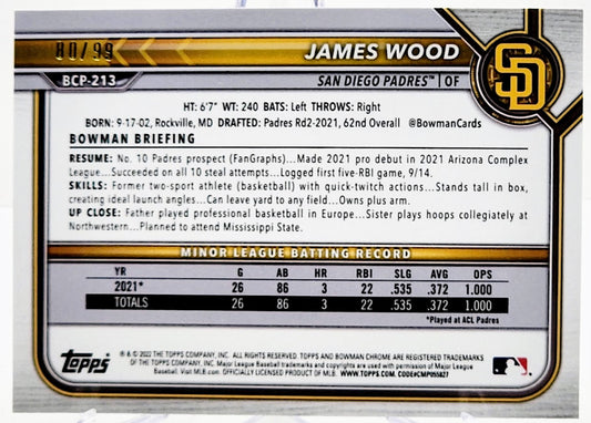 James Wood 2022 Bowman Chrome RC #BCP-213 Prospect GREEN REFRACTOR 80/99
