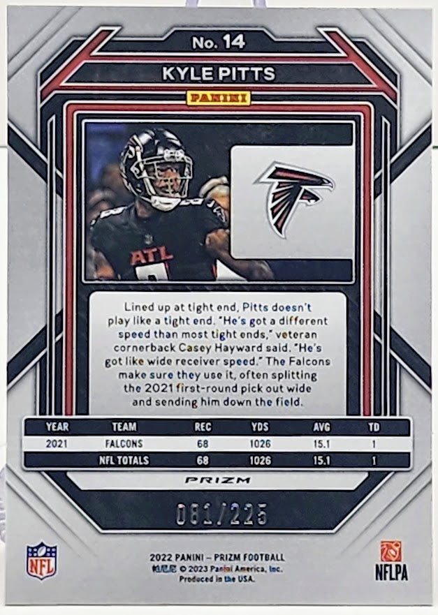 KYLE PITTS 2022 PANINI PRIZM PURPLE ICE PRIZM /225 #14 ATLANTA FALCONS