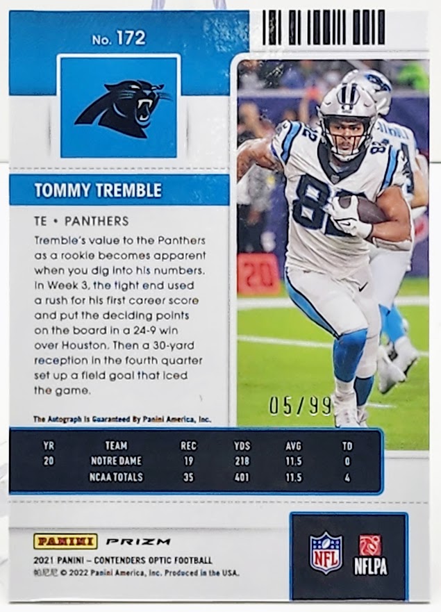 2021 Panini Contenders Optic Ticket Blue Prizm 5/99 Tommy Tremble Rookie Auto RC