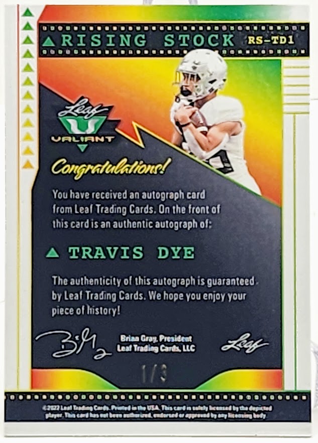 Travis Dye Crystal Black Autograph 1/3 2022 Leaf Valiant #RS-TD1