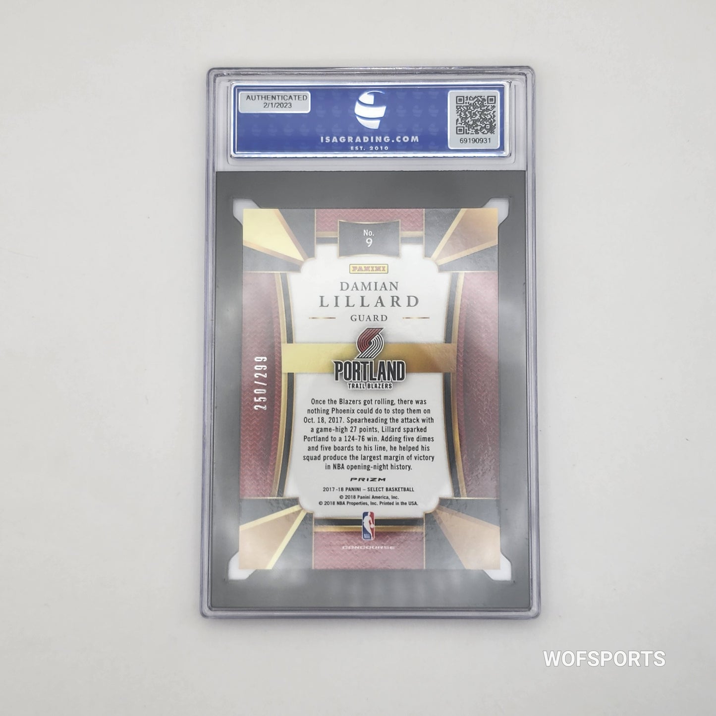 2017-18 Panini Select Blue Prizm /299 Damian Lillard #9 Portland Trail Blazers ISA 10 Gem Mint