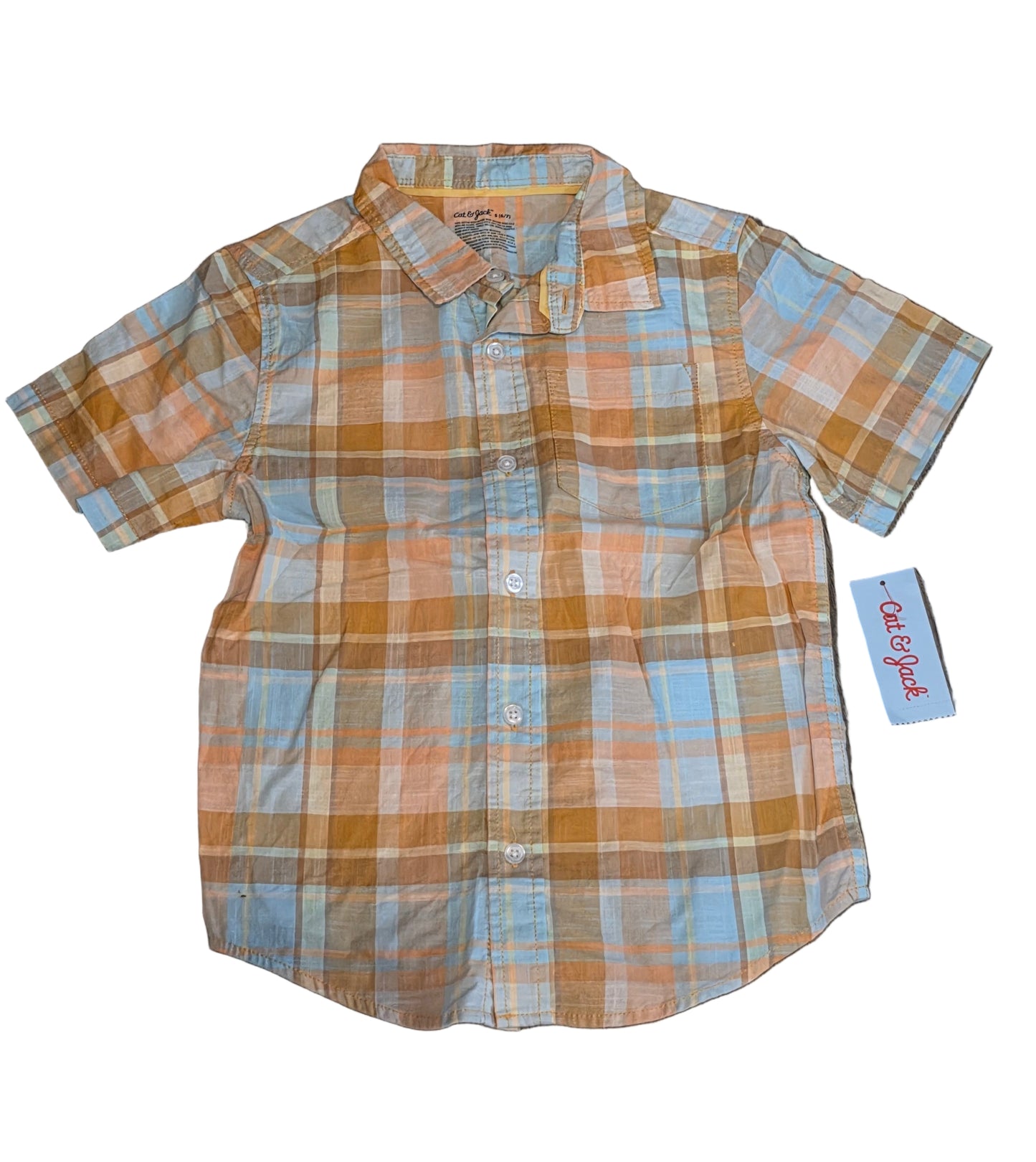 Cat and Jack Boy Orange & Blue Plaid Shirt SZ 6-7 / 8