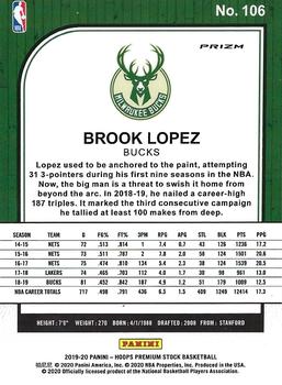 2019-20 Hoops Premium Stock Brook Lopez Silver Prizm #106 Milwaukee Bucks