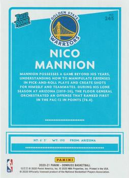 2020-21 Panini Donruss Rated Rookies Nico Mannion #245 Golden State Warriors