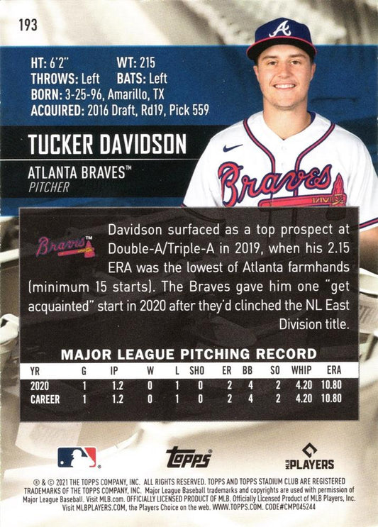 2021 Stadium Club #193 - Tucker Davidson RC - Atlanta Braves