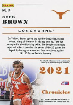 2021 Panini Chronicles Draft Picks Greg Brown III #14 Texas Longhorns