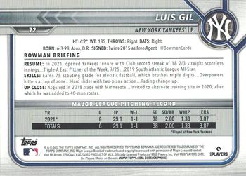 2022 Bowman Luis Gil Rookie #72 New York Yankees