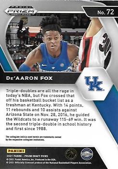 2021 Panini Prizm De'Aaron Fox  Silver Prizms #72 Kentucky Wildcats