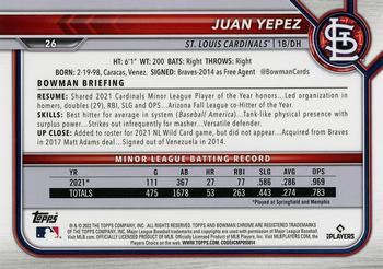 2022 Bowman Chrome Juan Yepez RC #26 St. Louis Cardinals
