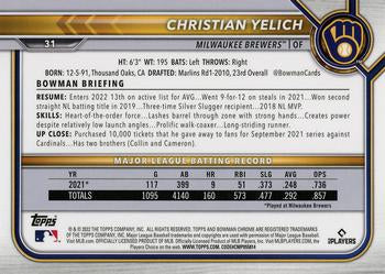 2022 Bowman Chrome Christian Yelich #31 Milwaukee Brewers