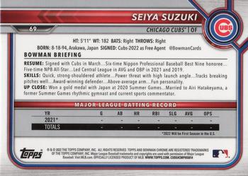 2022 Bowman Chrome Seiya Suzuki RC #69 Chicago Cubs