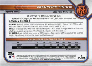 2022 Bowman Chrome Francisco Lindor #73 New York Mets