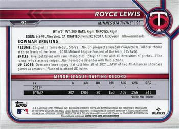 2022 Bowman Chrome Royce Lewis RC #92 Minnesota Twins