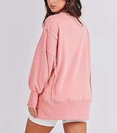SHEWIN Women's Side Slit Round Neck Casual Loose Long Sleeve Blouse Top