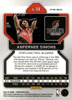 2021-22 Panini Silver Prizm Anfernee Simons 168 Portland Trail Blazers