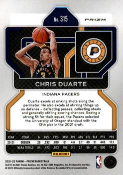 2021-22 Panini Silver Prizm Chris Duarte RC 315 Indiana Pacers