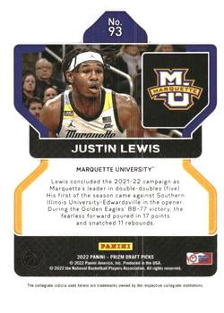2022 Panini Prizm Draft Pick Justin Lewis Rookie #93 Marquette Golden Eagles