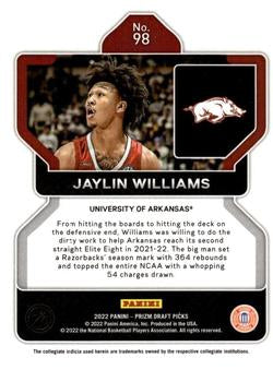 2022 Panini Prizm Draft Pick Jaylin Williams Rookie #98 Arkansas Razorbacks