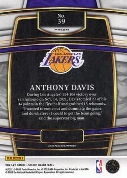 2021-22 Panini Select Anthony Davis Blue Prizm #39 Los Angeles Lakers