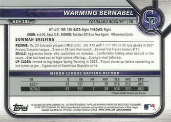 2022 Bowman Chrome Prospects Warming Bernabel Mojo Refractors #BCP-188 Colorado Rockies