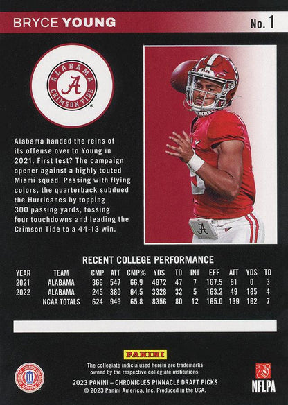2023 Panini Chronicles Pinnacle Draft Picks #1 Bryce Young - Alabama Crimson Tide