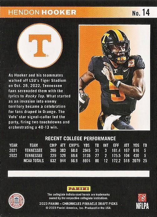 2023 Panini Chronicles Pinnacle Draft Picks #14 Hendon Hooker - Tennessee Volunteers
