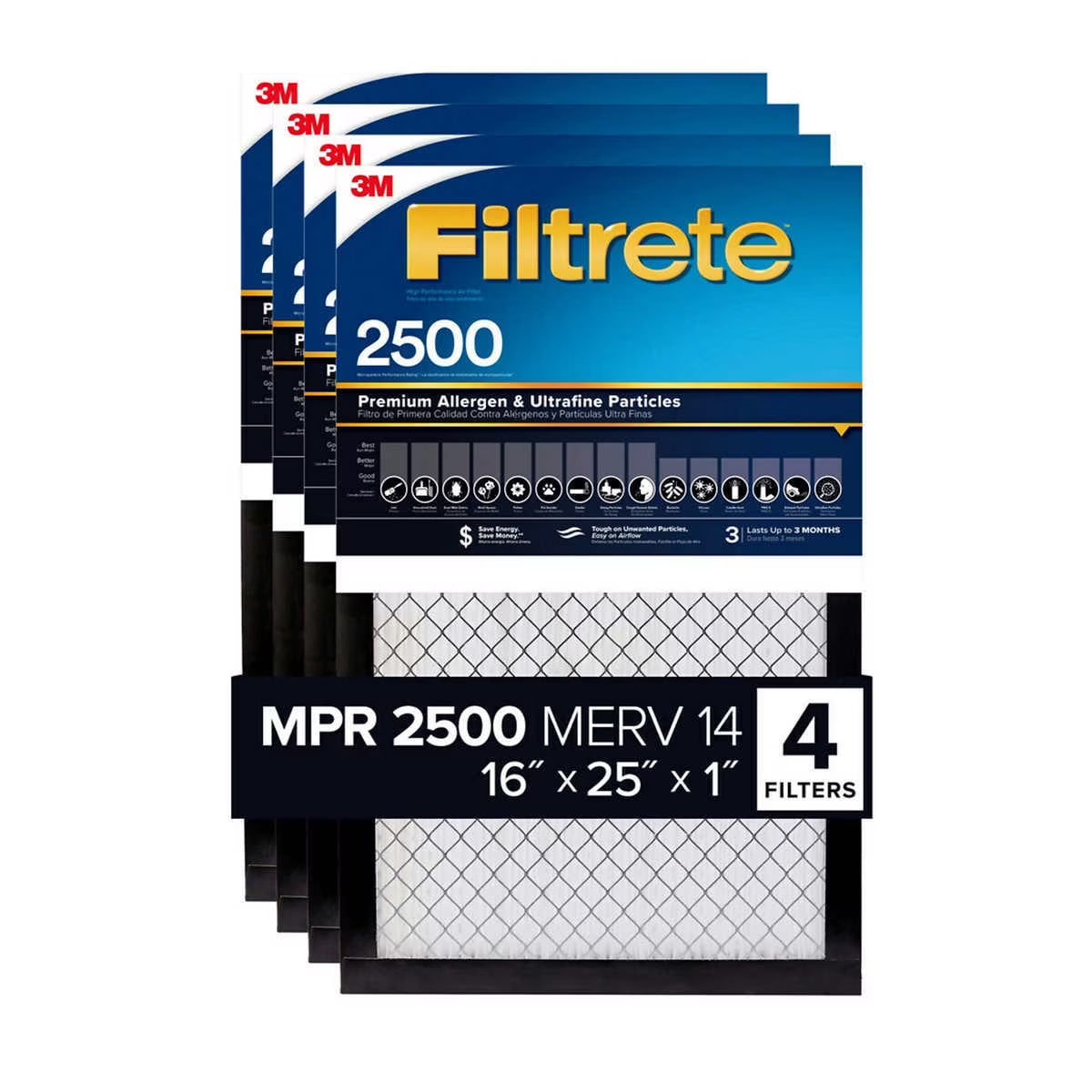 3M 2500 Series Filtrete 1" Filter MPR 2500 MERV 14, 4-pack