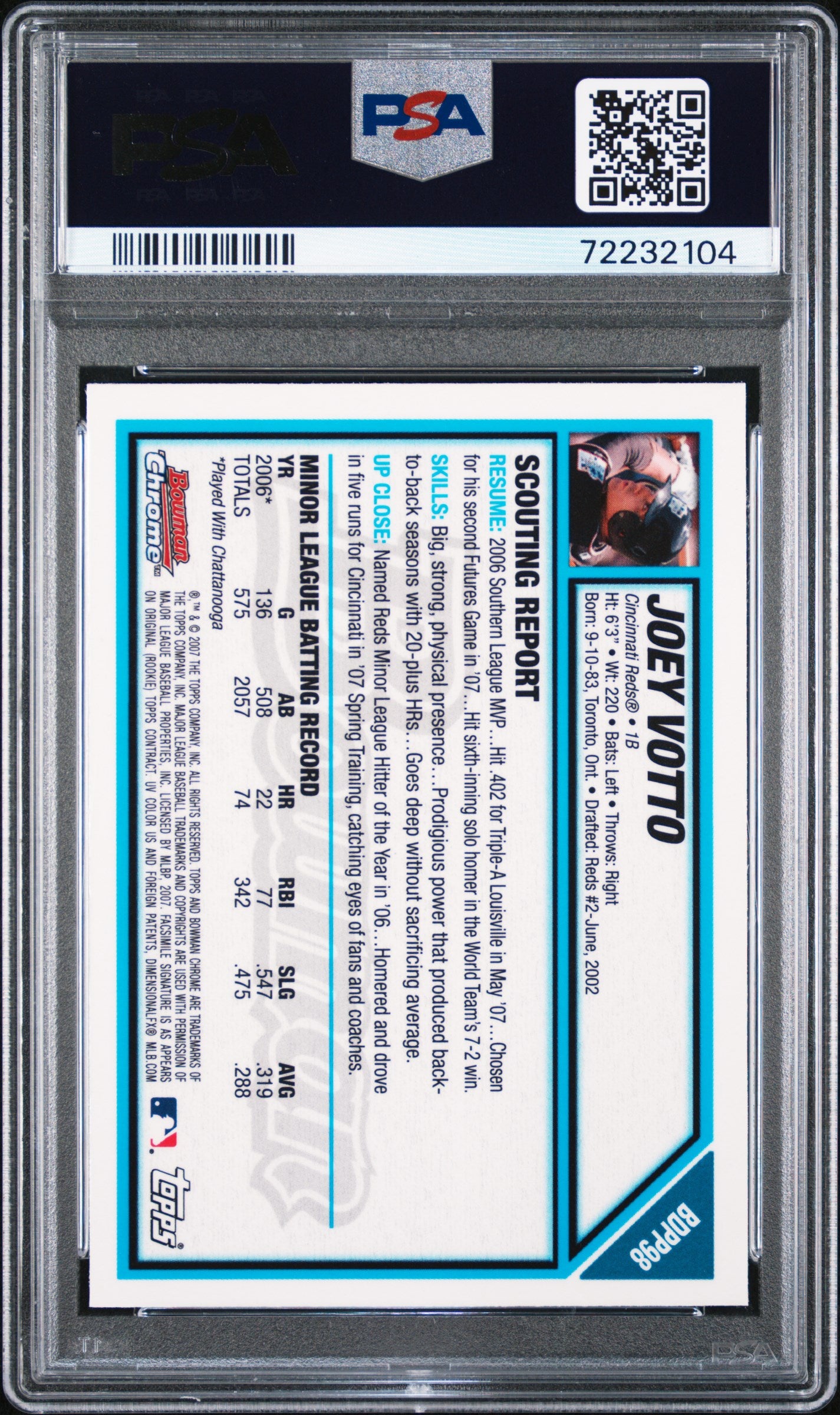 2007 Bowman Chrome JOEY VOTTO Draft Picks & Prospects Rookie PSA 9