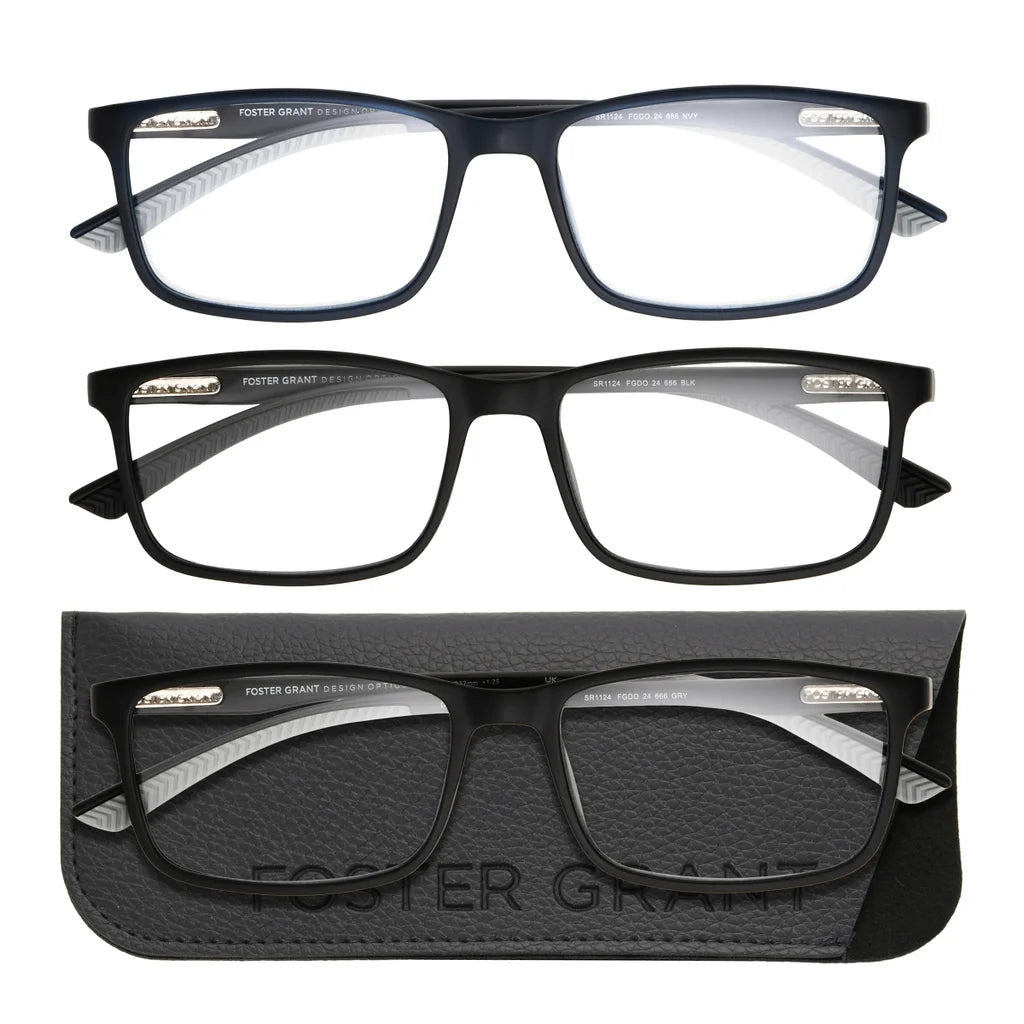 Design Optics by Foster Grant Classic Plastic Rectangle Reading Glasses, 3-pack
