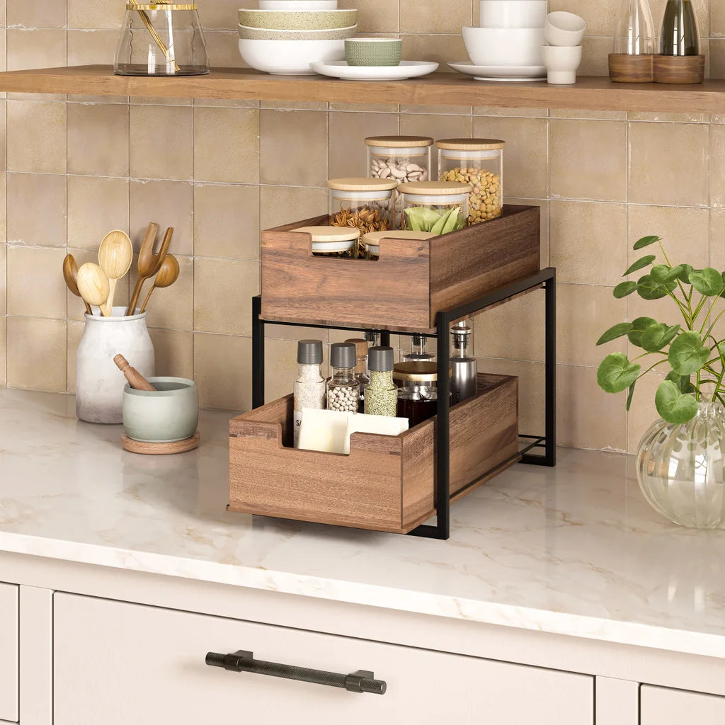 Seville Classics 2-tier Acacia Sliding Bin Organizer