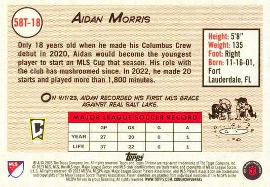 2023 Topps Chrome MLS 1958 Topps Green Refractor #58T-18 Aidan Morris 63/75 - Columbus Crew