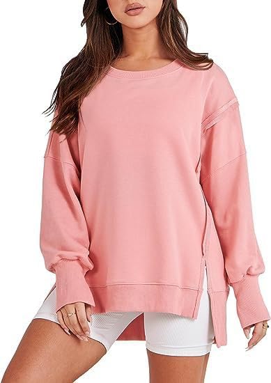 SHEWIN Women's Side Slit Round Neck Casual Loose Long Sleeve Blouse Top