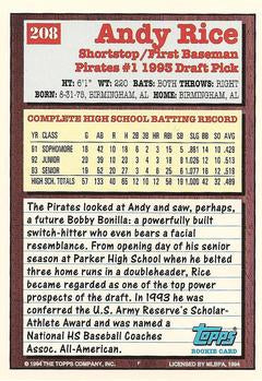 1994 Topps Andy Rice DPK, RC # 208 Pittsburgh Pirates