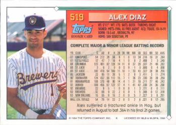 1994 Topps Alex Diaz RC # 519 Milwaukee Brewers
