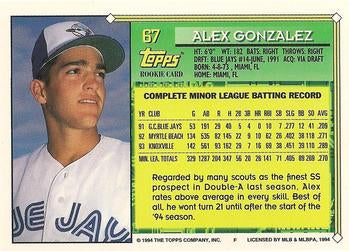 1994 Topps Alex Gonzalez FS, RC, UER # 67 Toronto Blue Jays
