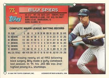 1994 Topps Billy Spiers # 73 Milwaukee Brewers