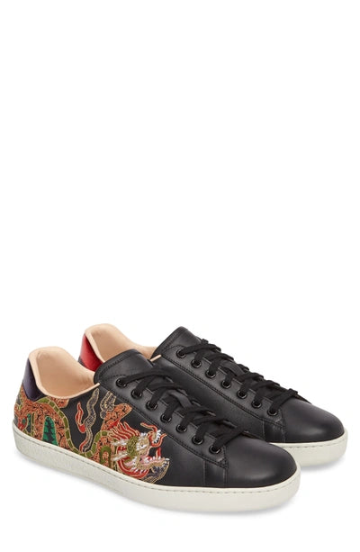 GUCCI Ace Dragon-embroidered Low-top Leather Trainers In Black Size 8.5M / 10W New
