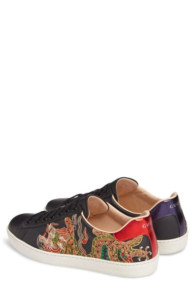 GUCCI Ace Dragon-embroidered Low-top Leather Trainers In Black Size 8.5M / 10W New