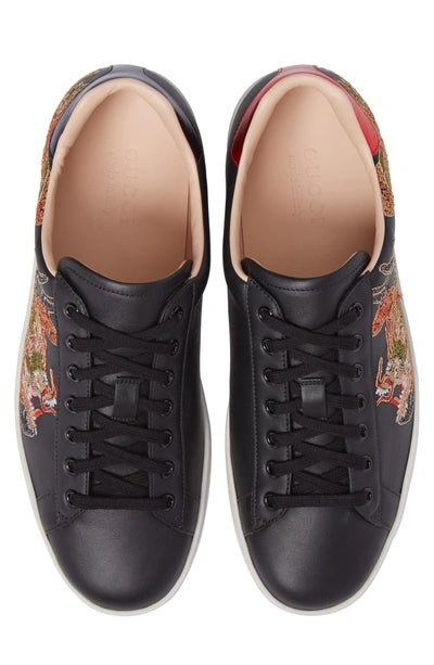 GUCCI Ace Dragon-embroidered Low-top Leather Trainers In Black Size 8.5M / 10W New
