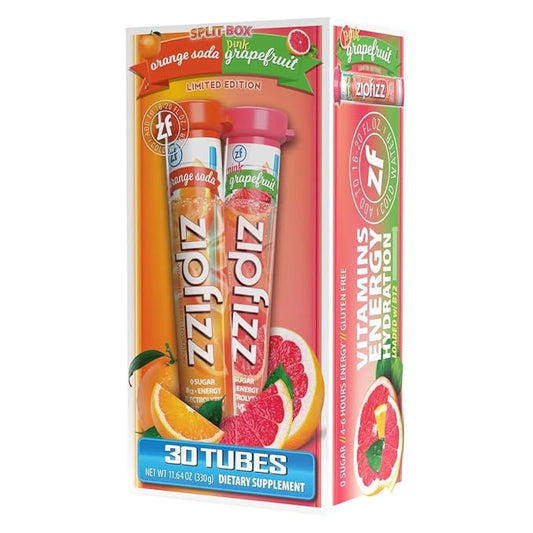 Zipfizz Multi-Vitamin Energy Hydration Drink Mix, Orange Soda & Pink Grapefruit, 30 Tubes