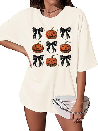 FAYALEQ Women's Pumpkin Bow Coquette Oversized Crewneck T-Shirt, Ivory
