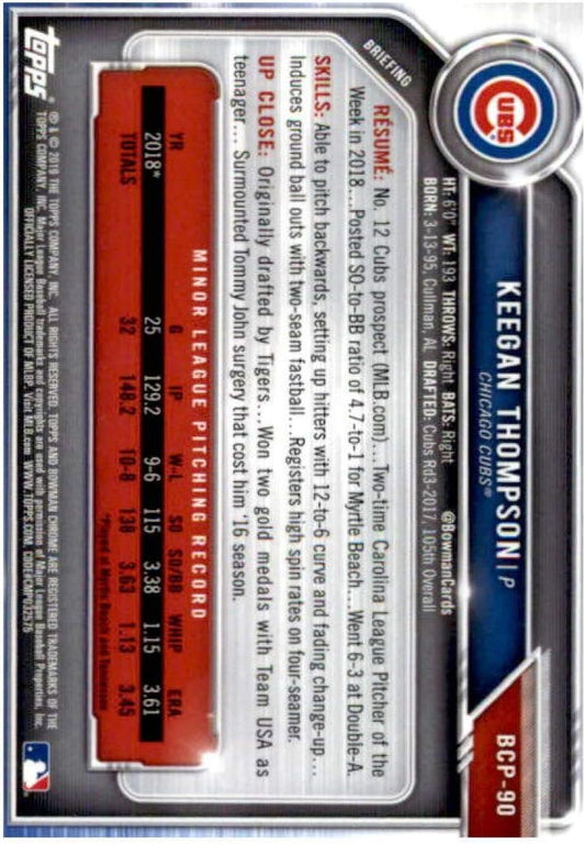 2019 Bowman Chrome Prospects Keegan Thompson #BCP-90 Chicago Cubs