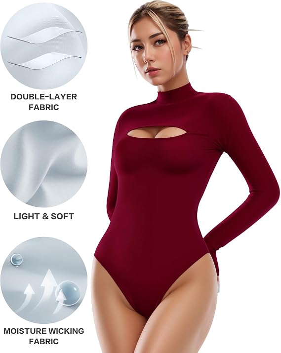 ALGALAROUND Women's Long Sleeve Cut Out Mock Neck Bodysuit, Pink