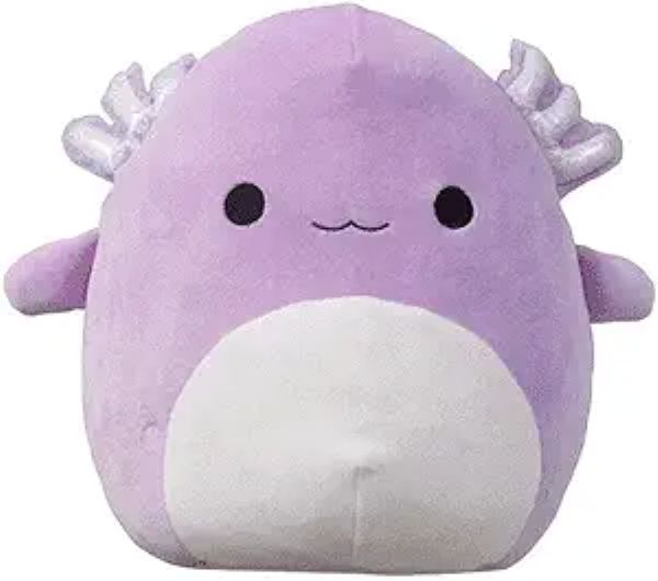 Purple plush toy with white belly on a white background