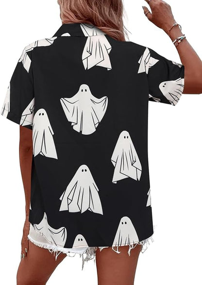 LOTUCY Women's Halloween Allover Print Short Sleeve Button-Down Shirt