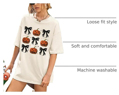 FAYALEQ Women's Pumpkin Bow Coquette Oversized Crewneck T-Shirt, Ivory