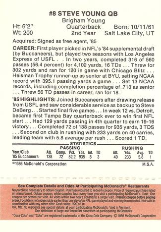 1986 McDonald's Bryce Young  RC #8 Tampa Bay Buccaneers